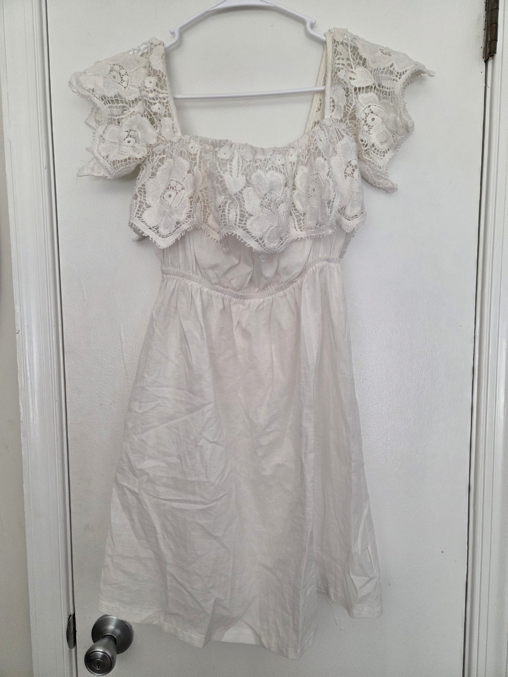 Solitaire Swim White Cotton Crochet Lace Off Shoulder Beach Cover Up Dress Large
